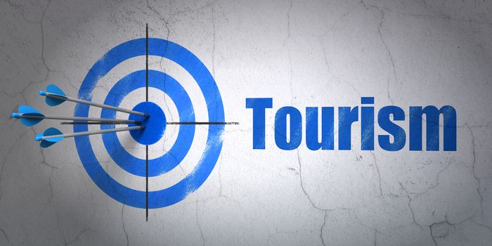 Success tourism concept: arrows hitting the center of target, Blue Tourism on wall background