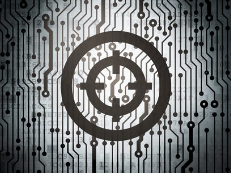 Finance concept: circuit board with  Target icon, 3d render