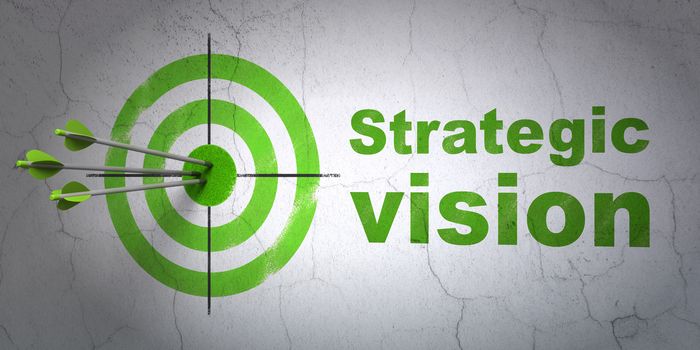 Success business concept: arrows hitting the center of target, Green Strategic Vision on wall background