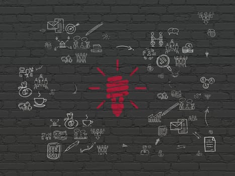 Business concept: Painted red Energy Saving Lamp icon on Black Brick wall background with Scheme Of Hand Drawn Business Icons