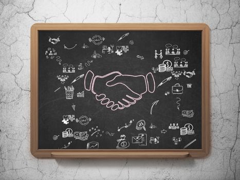 Finance concept: Chalk Pink Handshake icon on School Board background with Scheme Of Hand Drawn Business Icons
