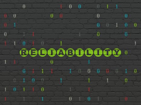 Finance concept: Painted green text Reliability on Black Brick wall background with Binary Code