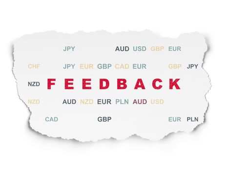 Business concept: Painted red text Feedback on Torn Paper background with  Currency