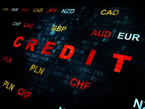Business concept: Pixelated red text Credit on Digital wall background with Currency