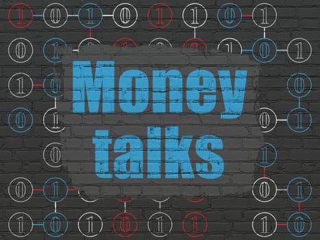 Business concept: Painted blue text Money Talks on Black Brick wall background with Scheme Of Binary Code