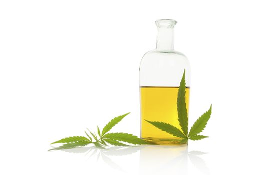 Hemp oil and cannabis leaf isolated on white background. Healthy cannabis oil. 