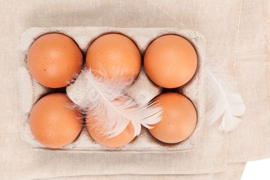 Organic chicken eggs in paper box isolated on white background, top view.