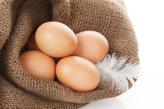 Organic chicken eggs in burlap bag isolated on white background.