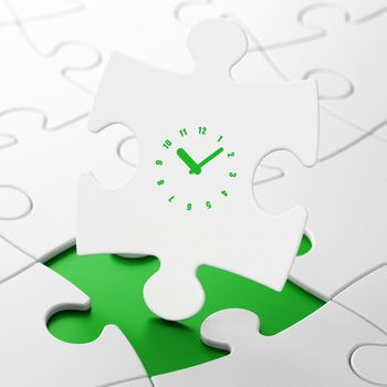 Time concept: Clock on White puzzle pieces background, 3d render