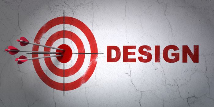 Success advertising concept: arrows hitting the center of target, Red Design on wall background