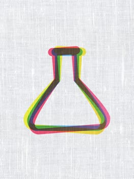 Science concept: CMYK Flask on linen fabric texture background