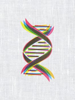 Science concept: CMYK DNA on linen fabric texture background
