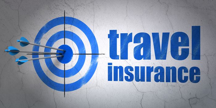 Success Insurance concept: arrows hitting the center of target, Blue Travel Insurance on wall background