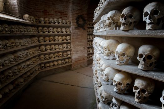 human skulls inside a Christian catacomb