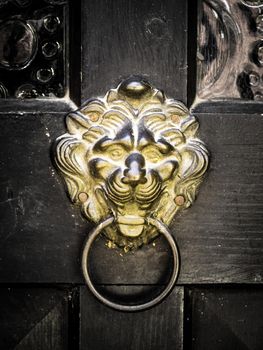 antique door knocker shaped like a golden lion's head