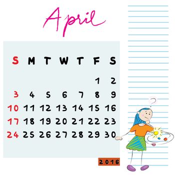 Calendar design for April 2016, with the inquirer student profile for international schools