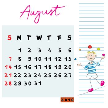 Calendar design of August 2016 with the risk-taker student profile for international schools