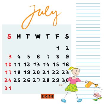 Hand drawn design of July 2016 calendar with kid illustration, the caring student profile for international schools