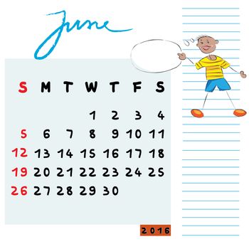 Hand drawn design of June 2016 calendar with kid illustration, the communicator student profile for international schools