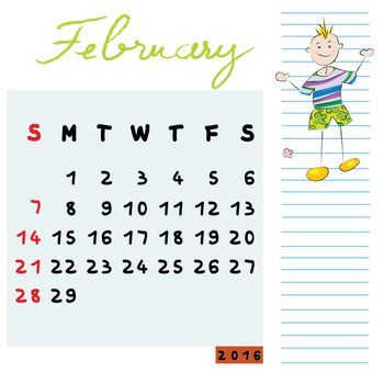 Hand drawn design of February 2016 calendar with kid illustration, the open-minded student profile for international schools