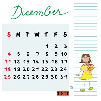 Hand drawn design of the December 2016 calendar with kid illustration, gifted student profile for schools