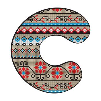 Ethno decorated original font, pixel art model inspired by a Balkan motif over a funny fat capital letter C isolated on white