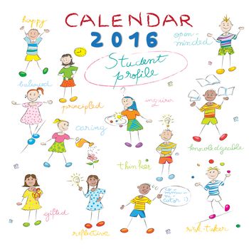 Calendar cover design for the year 2016 on a whiteboard with the student profile llustrations for international schools