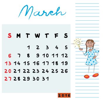 Hand drawn design of March 2016 calendar with kid illustration, the reflective student profile for international schools