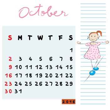 Hand drawn design of October 2016 calendar with kid illustration, the balanced student profile for international schools