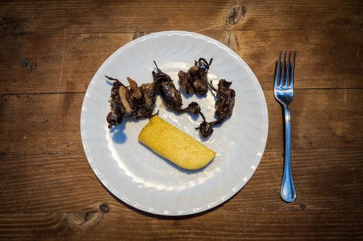 polenta and birds is a typical dish of hunting tradition in Italy