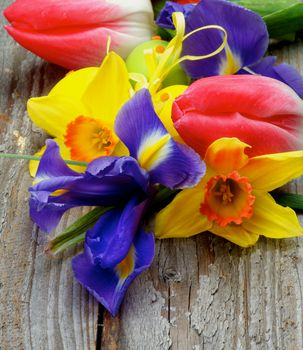 Arrangement of Yellow Daffodils, Magenta Tulips, Purple Irises with Yellow and Green Spotted Easter Eggs closeup on Rustic Wooden background