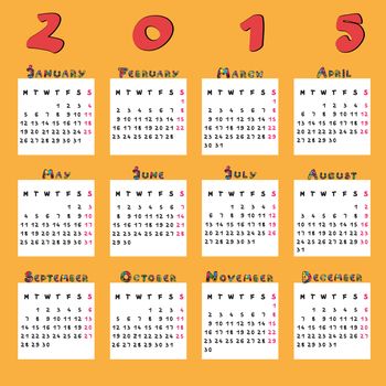
Graphic illustration of a full calendar of the year 2015 with original hand drawn text and decorated capital letters for kids
