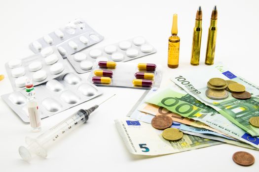 composition with euros, bullets, drugs on white background