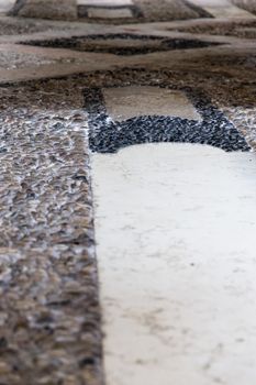 Mosaic of an ancient Roman villa at Pompeii with white copy space.