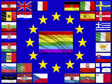 Flags of the countries of the European Union against the background of the flag of the EU