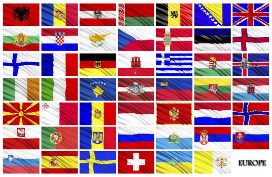 Collage of the flags of the countries of Europe, located on a white background in alphabetical order