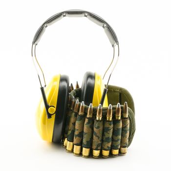 yellow ear protection and camouflage ammunition belt for rifle