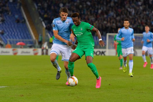 ITALY, Rome: Wesley Hoedt of SS Lazio (left) fights for the ball with Jean Christophe Bahebeck of AS Saint-Etienne during a Group G match in the group stage of the UEFA Europa League at Rome's Olympic Stadium on October 1, 2015. SS Lazio won the match with a score of 3-2.