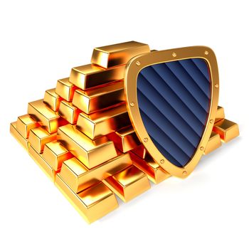 Gold bars and gold shield, 3D illustration