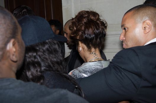 FRANCE, Paris : In France for the Paris Fashion Week, star singer Rihanna enters a club, near the Champs-Elys�es, in Paris, on the night between October 1st and October 2, 2015. 
