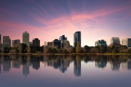 A shot taken of Melbourne from Albert Park Lake at sunset.