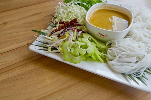 Noodles with Fish Curry - Thai Dish, in Thai Language we call Ka-Nom-Jeen-Nam-Ya.