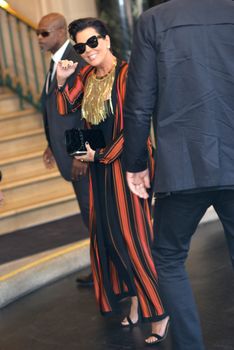 FRANCE, Paris : American TV producer Kris Jenner enters InterContinental hotel in Paris on October 1st, 2015 for Paris Fashion week. 