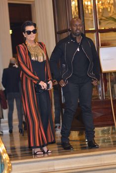FRANCE, Paris : American TV producer Kris Jenner and her boyfriend enters InterContinental hotel in Paris on October 1st, 2015 for Paris Fashion week. 