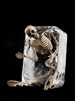 Death in ice concept, Skull in ice isolated on black background