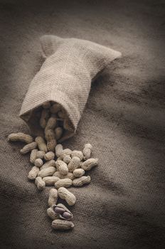 Roasted peanuts on sackcloth background