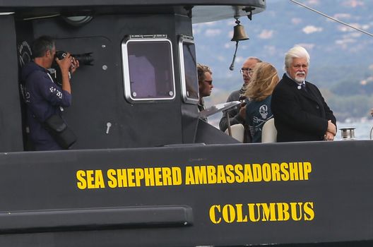 FRANCE, Saint-Tropez: Founder of the Sea Shepherd conservation society (SSCS) Paul Watson (R) is pictured on the 'Columbus' boat off the coast of Saint-Trophez, southern France, on October 1er, 2015.
