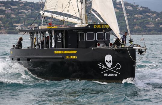 FRANCE, Saint-Tropez: The Sea Shepherd conservation society (SSCS)'s boat 'Columbus' sails off the coast of Saint-Trophez, southern France, on October 1er, 2015.
