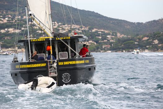 FRANCE, Saint-Tropez: The Sea Shepherd conservation society (SSCS)'s boat 'Columbus' sails off the coast of Saint-Trophez, southern France, on October 1er, 2015.