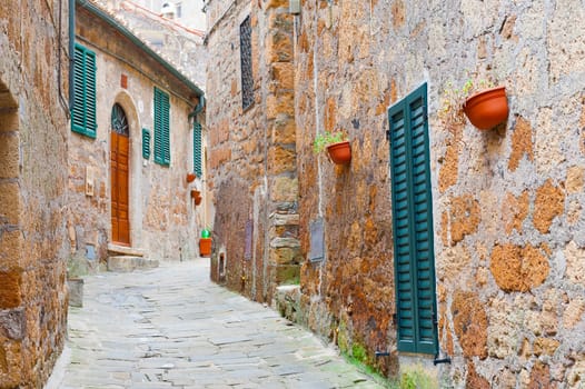 Streety with Old Buildings in Italian City of Sorano